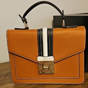Structured Tan Satchel with Black & White Stripe and Gold Lock